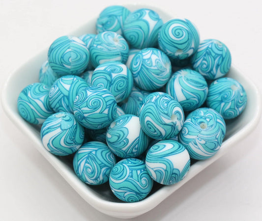 15mm Aqua Blue Swirl Printed Beads, Swirl Silicone Beads, Round Bubblegum Beads, Beads for Pens, Beads for Bracelets #S93