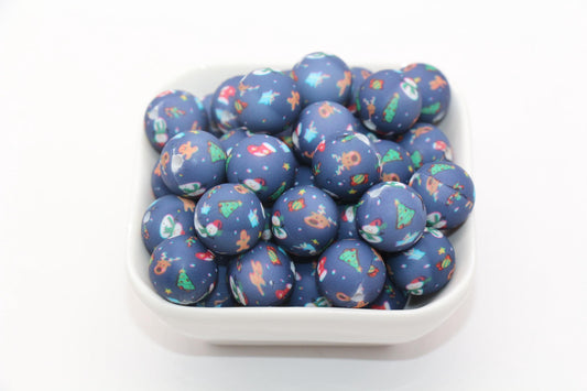 15mm Christmas Printed Beads, Snowman, Christmas Tree, Reindeer, Gingerbread Silicone Beads, Round Bubblegum Beads, Beads for Pens,#S97