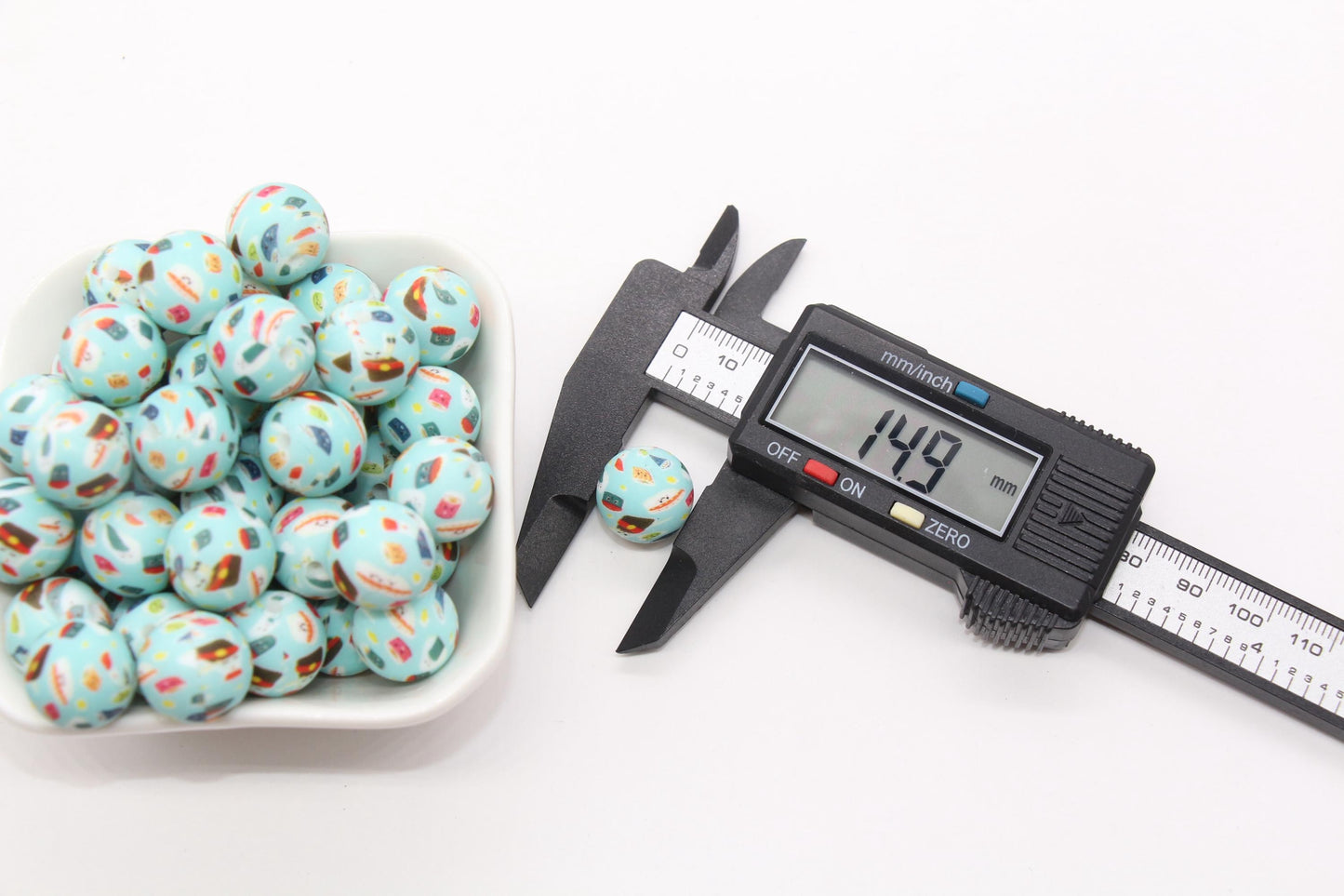 15mm Sushi Printed Beads, Food Printed Silicone Beads, Round Bubblegum Beads, Beads for Pens #S99