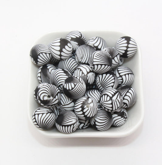 15mm Swirl Printed Beads, Black Swirl Silicone Beads, Round Bubblegum Beads, Beads for Pens