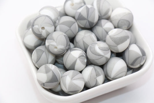 15mm Gray Patterned Printed Beads, Printed Silicone Beads, Round Bubblegum Beads, Beads for Pens #S142
