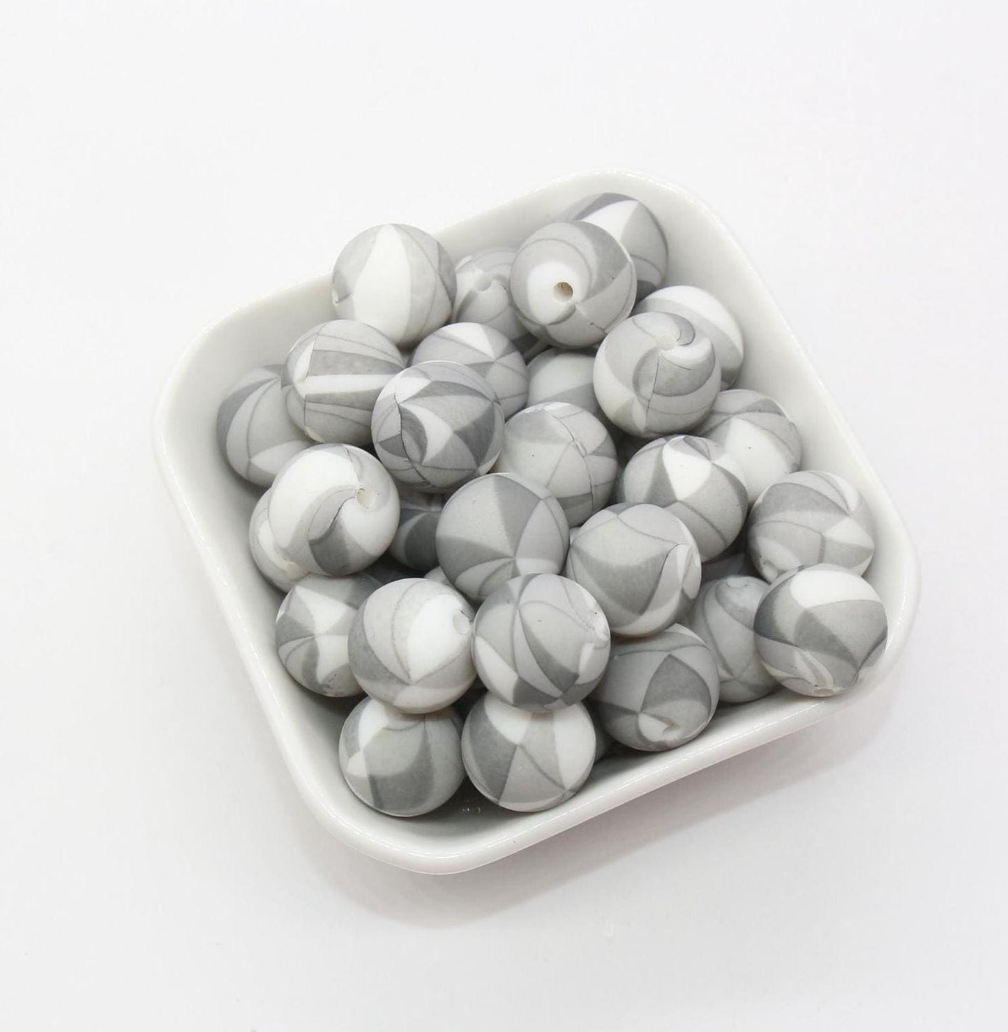 15mm Gray Patterned Printed Beads, Printed Silicone Beads, Round Bubblegum Beads, Beads for Pens #S142