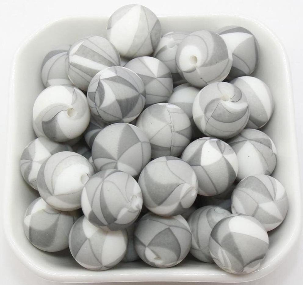 15mm Gray Patterned Printed Beads, Printed Silicone Beads, Round Bubblegum Beads, Beads for Pens #S142