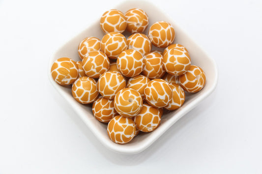 15mm Giraffe Printed Beads, Animal Printed Silicone Beads, Round Bubblegum Beads, Beads for Pens #S151