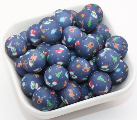 15mm Christmas Printed Beads, Snowman, Christmas Tree, Reindeer, Gingerbread Silicone Beads, Round Bubblegum Beads, Beads for Pens,#S97