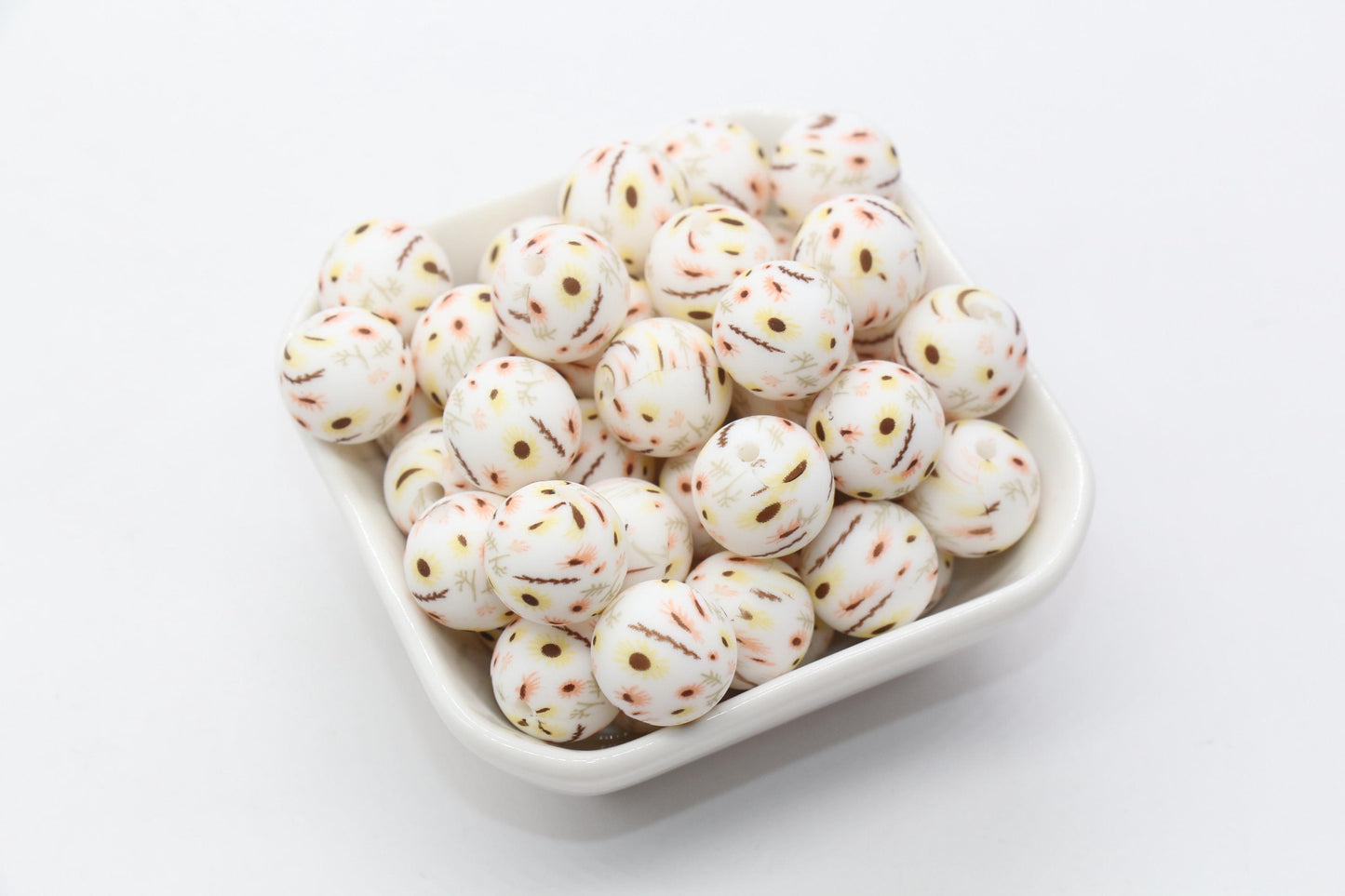 15mm Sunflower and Leaf Printed Beads, Leaf Printed Silicone Beads, Round Bubblegum Beads, Beads for Pens #S141