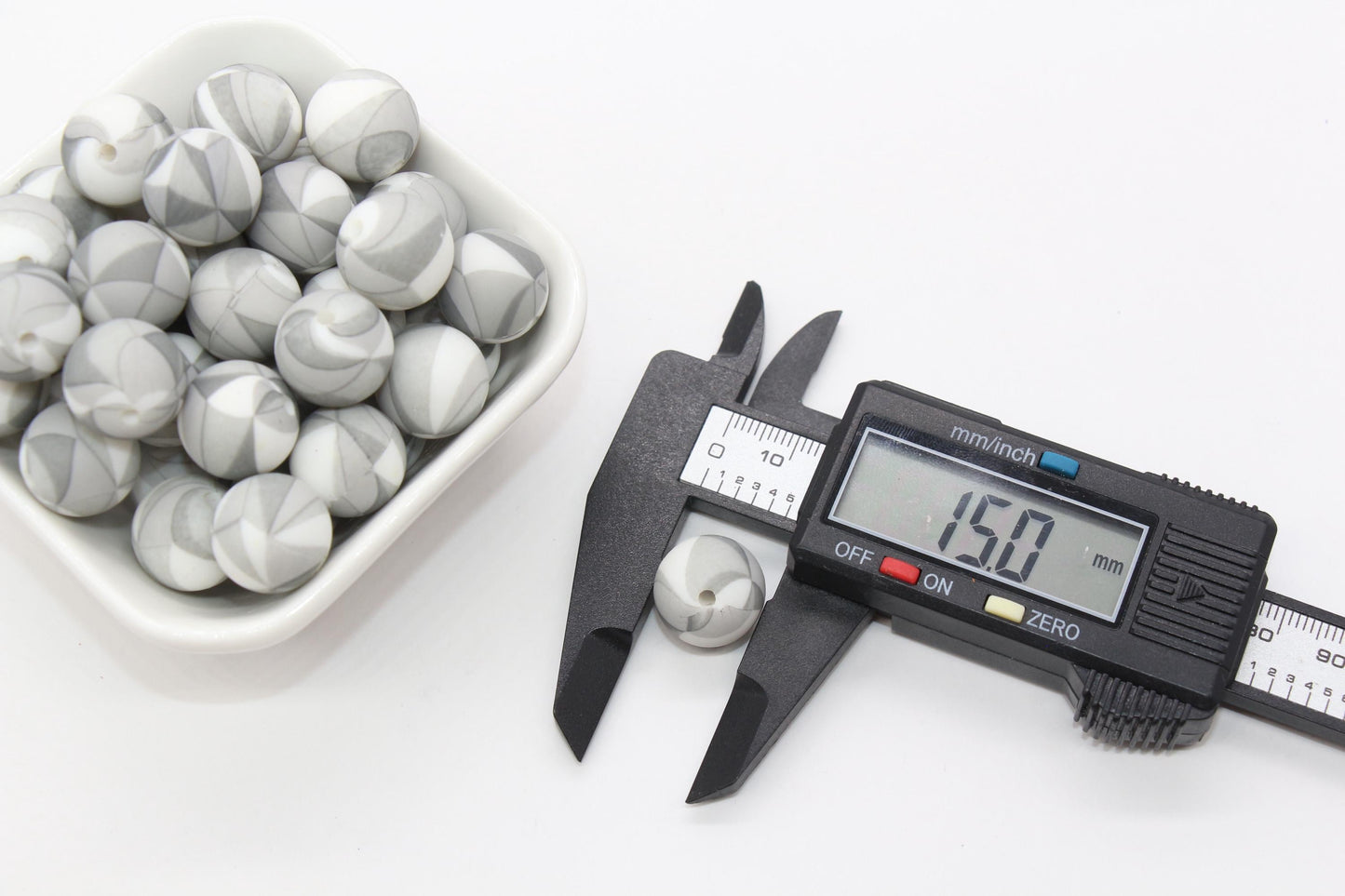 15mm Gray Patterned Printed Beads, Printed Silicone Beads, Round Bubblegum Beads, Beads for Pens #S142