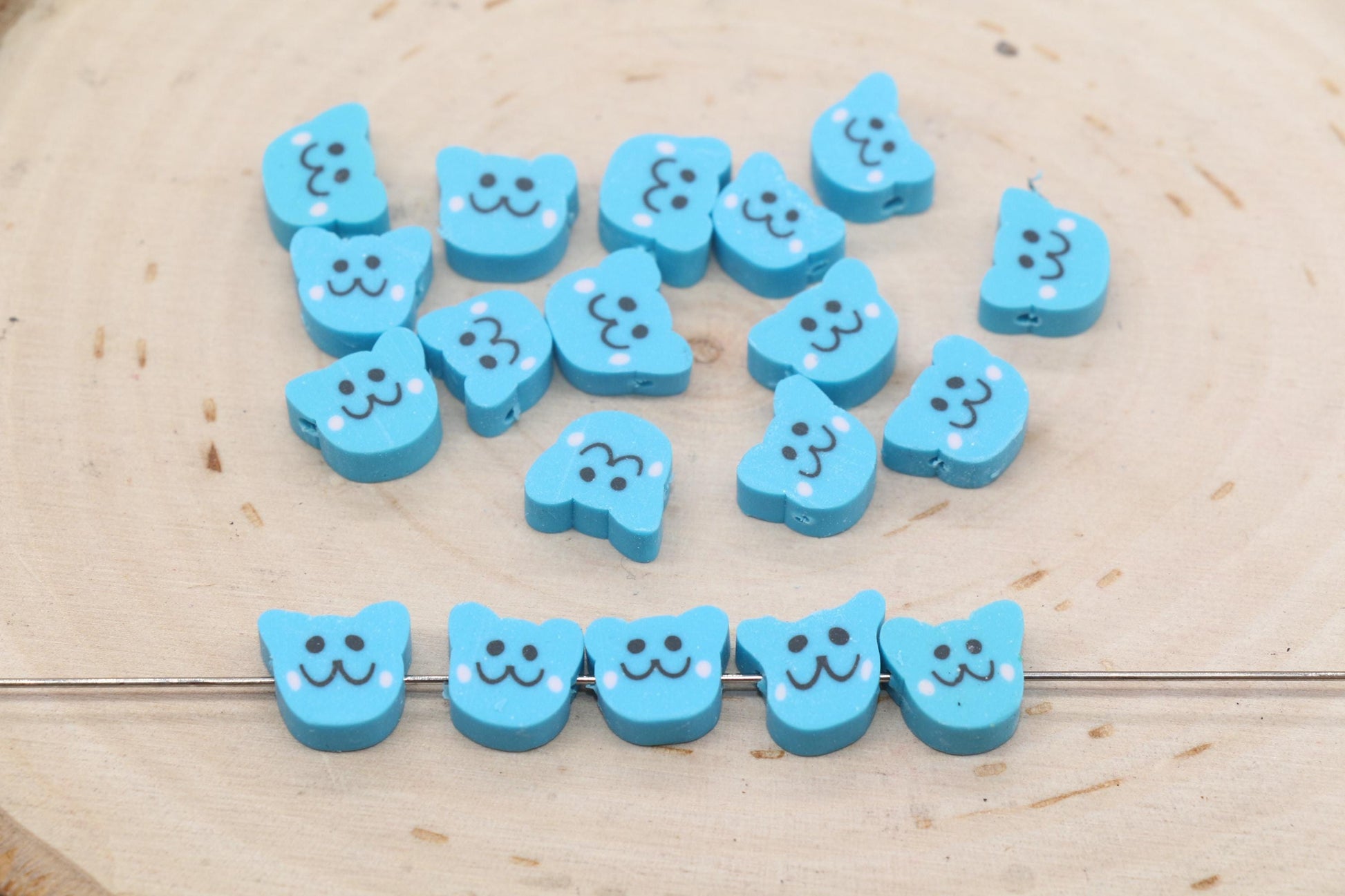Blue Smiley Cat Beads, Cat Clay Beads, Polymer Clay Beads, Jewelry Beads, Bead for Bracelet #683