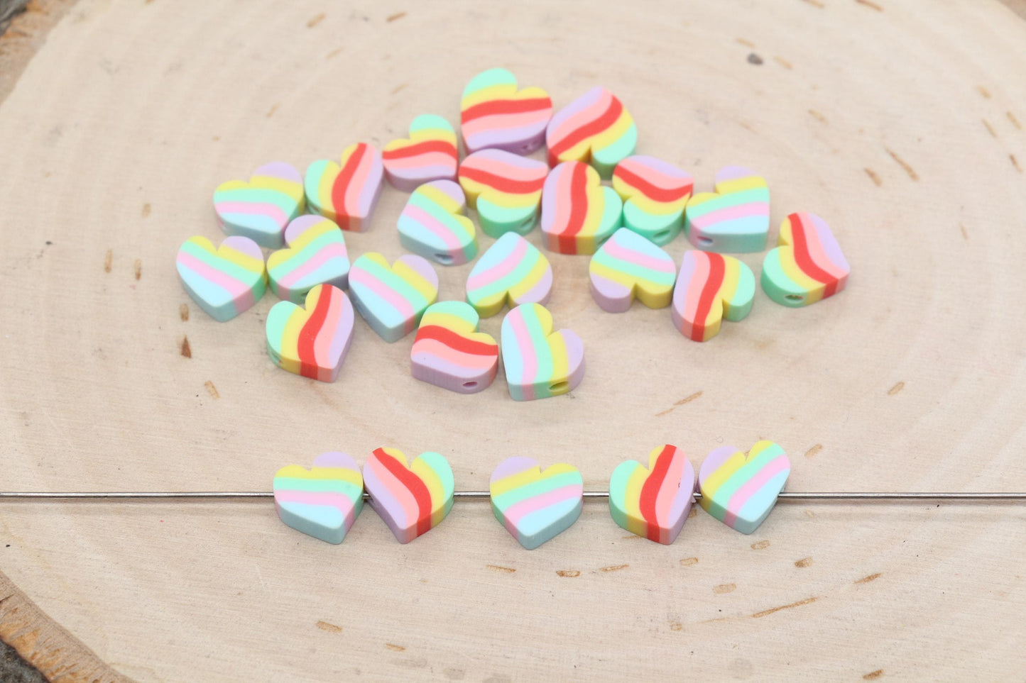 Heart Beads, Striped Heart Beads, Polymer Clay Beads, Jewelry Beads, Bead for Bracelet #687 #688