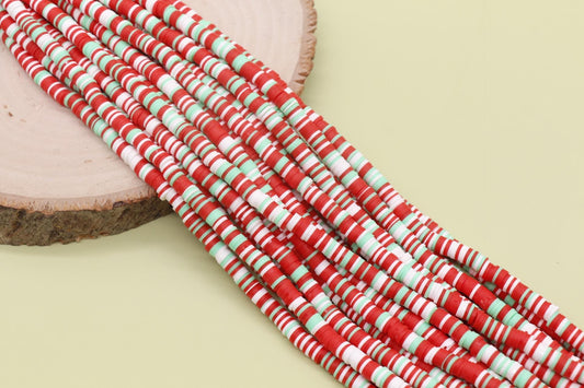 6mm Red Green White Mix Heishi Beads, Christmas Color Heishi, Multicolor Polymer Clay Disc Beads, African Disc Beads, Full Strand #729