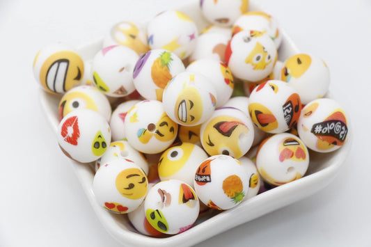 15mm Emoji Printed Beads, Silicone Bubblegum Beads, Beads for Pens, Beads for Bracelets #S244