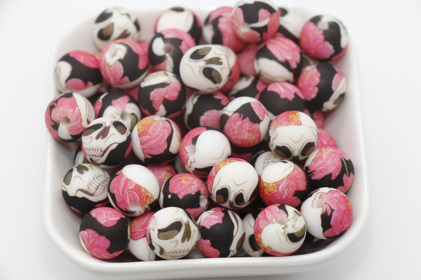 12mm Skull and Roses Silicone Beads, Flower Skull Print Silicone Beads, Round Bubblegum Beads, Beads for Pens #317