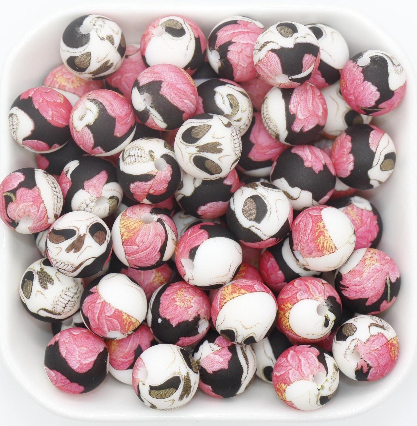 12mm Skull and Roses Silicone Beads, Flower Skull Print Silicone Beads, Round Bubblegum Beads, Beads for Pens #317