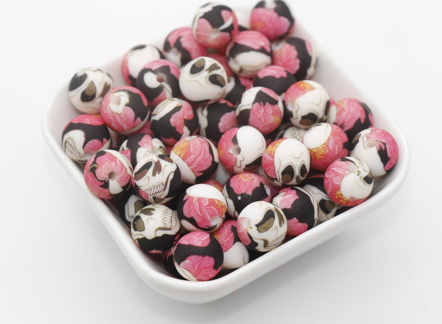 12mm Skull and Roses Silicone Beads, Flower Skull Print Silicone Beads, Round Bubblegum Beads, Beads for Pens #317
