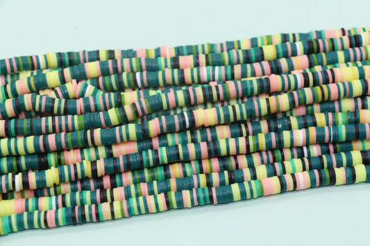 6mm Green Mix Heishi Beads, Multicolor Polymer Clay Disc Beads, African Disc Beads, Vinyl Heishi, Rainbow Heishi Beads, Full Strand #324