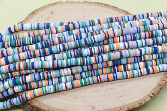 6mm Blue and Orange Mix Heishi Beads, Multicolor Polymer Clay Disc Beads, African Disc Beads, Full Strand #735