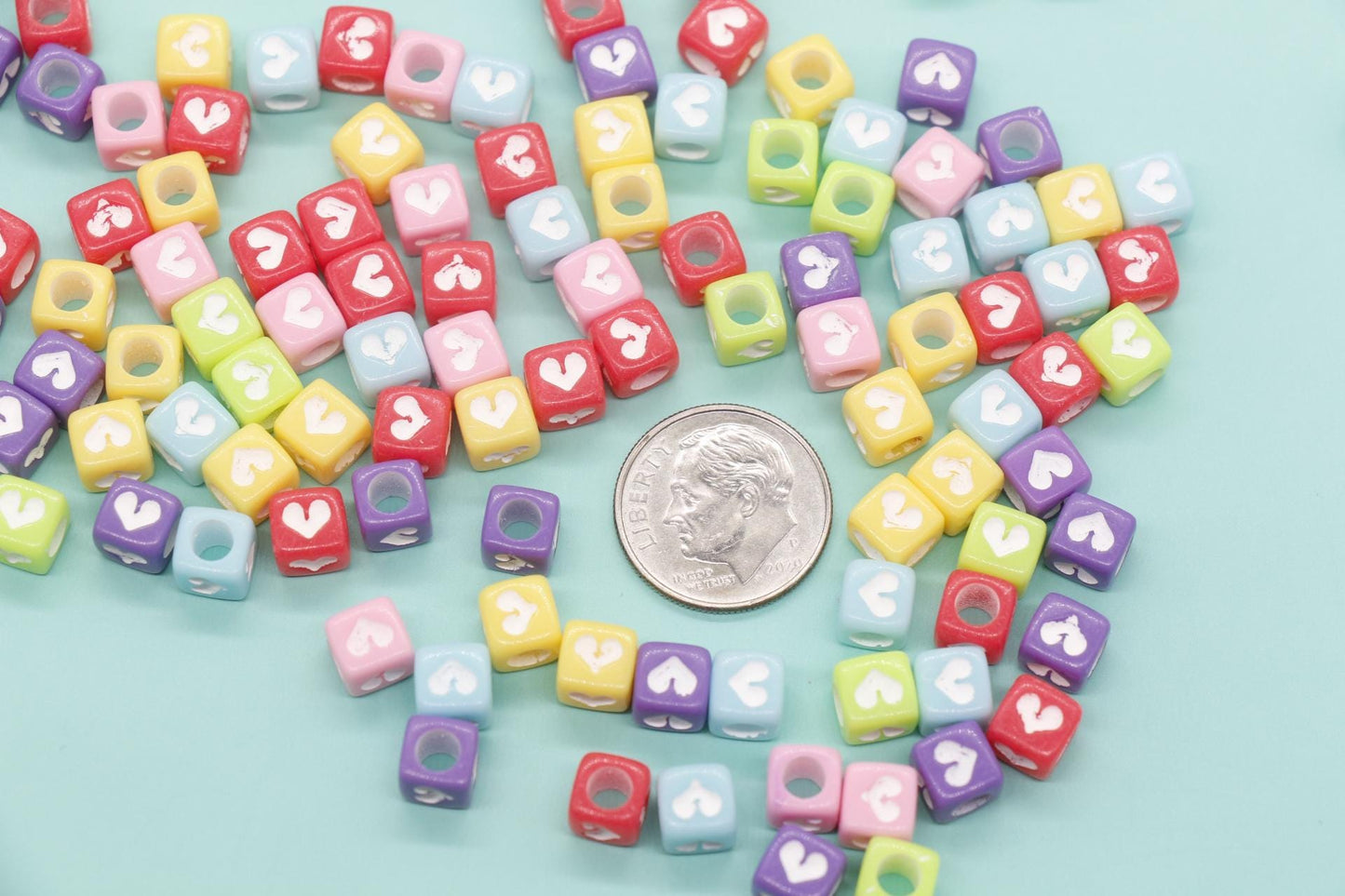 Cube Heart Beads, Square Heart Beads, Mixed Heart Beads, Heart Symbol Beads, Plastic Beads, Beads for Bracelets, Size 6mm #175