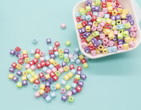 Cube Heart Beads, Square Heart Beads, Mixed Heart Beads, Heart Symbol Beads, Plastic Beads, Beads for Bracelets, Size 6mm #175