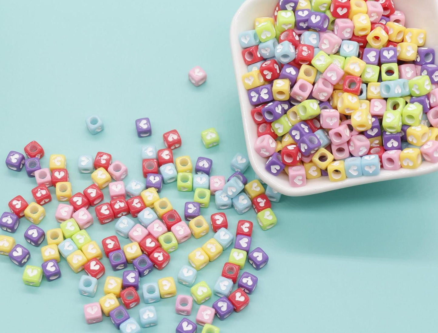 6mm Cube Heart Beads for Bracelet Making - Square Acrylic & Plastic Heart Beads, Craft Supplies, Jewelry Making, Heart-Shaped Beads
