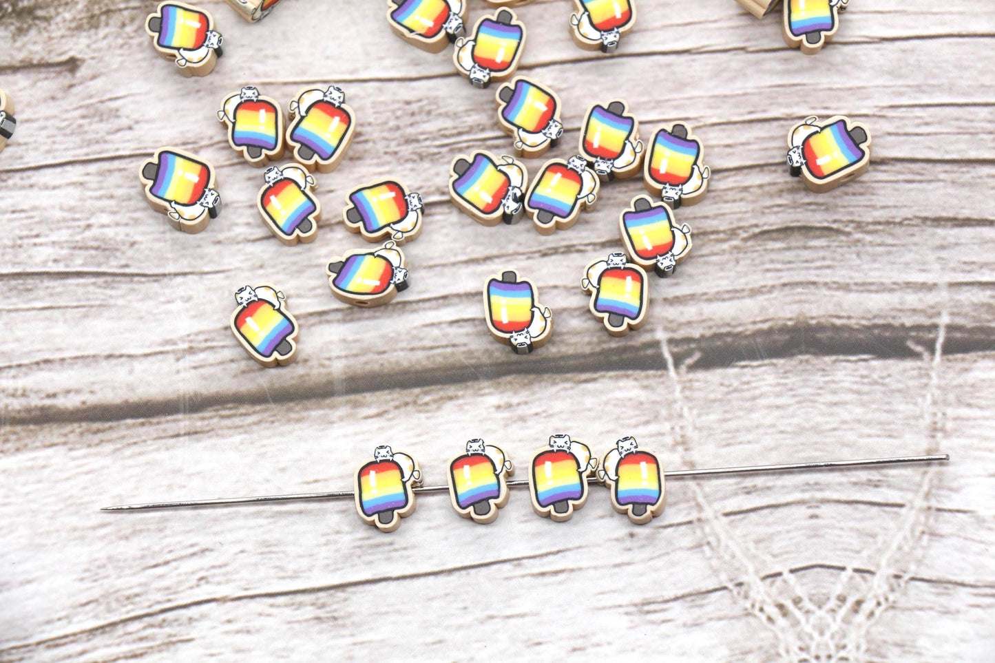 Polymer Clay Beads, Popsicle with Cat Beads, Cute Summer Jewelry Making Supplies #916