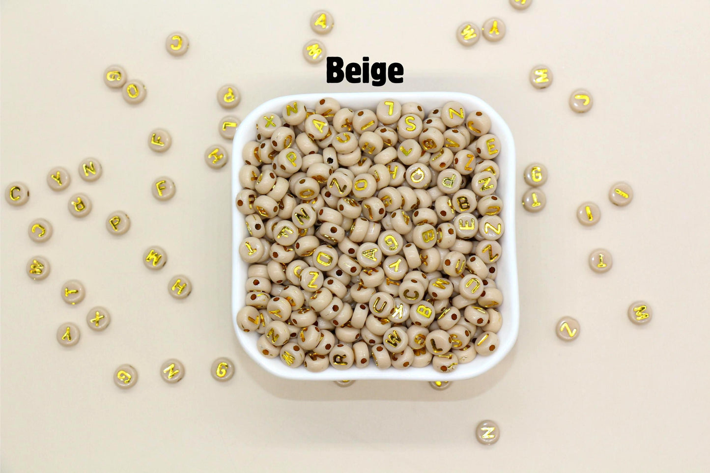 Beige Beads with Gold Lettering Alphabet Beads, Acrylic Name Initial Beads, Mix Alphabet Letter Beads, Bead for Bracelet, 7mm #3154