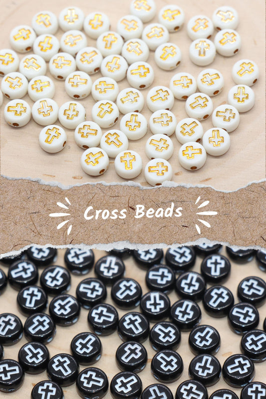 Gold Cross Beads - White and Black Round Acrylic Beads for Jewelry Making, Crafting and Bracelets - Religious Craft Supplies