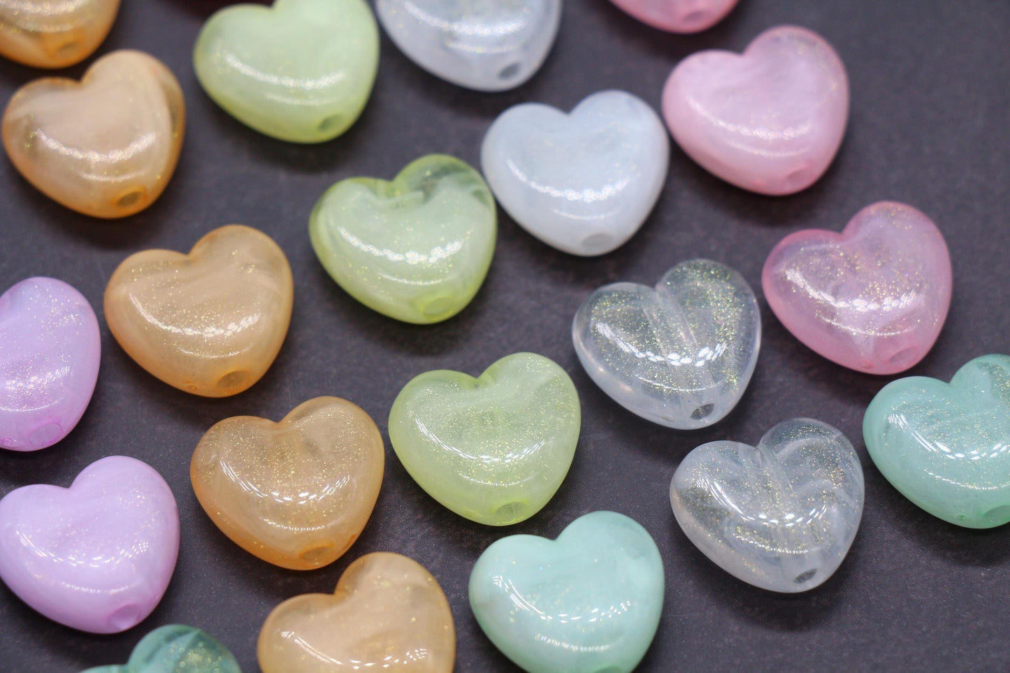 Colorful plastic heart beads with glitter finish – craft bead supplies