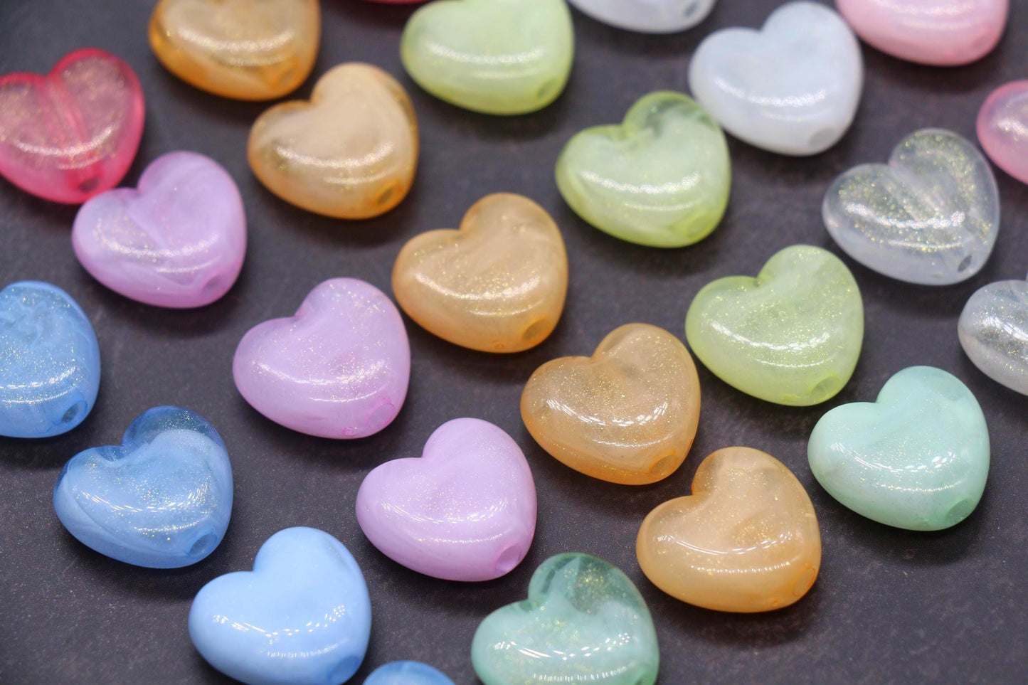 Colorful plastic heart beads with glitter finish – craft bead supplies