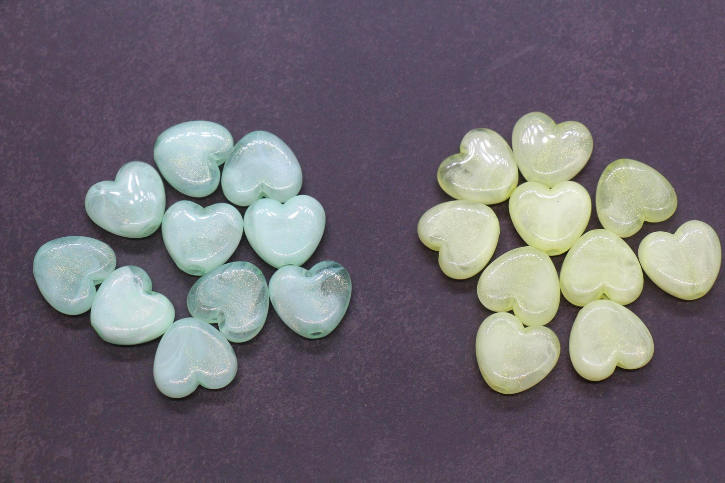 Colorful plastic heart beads with glitter finish – craft bead supplies