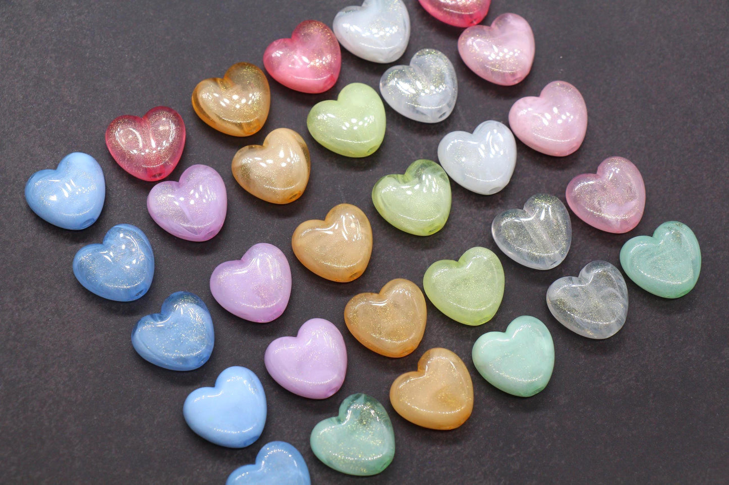 Colorful plastic heart beads with glitter finish – craft bead supplies