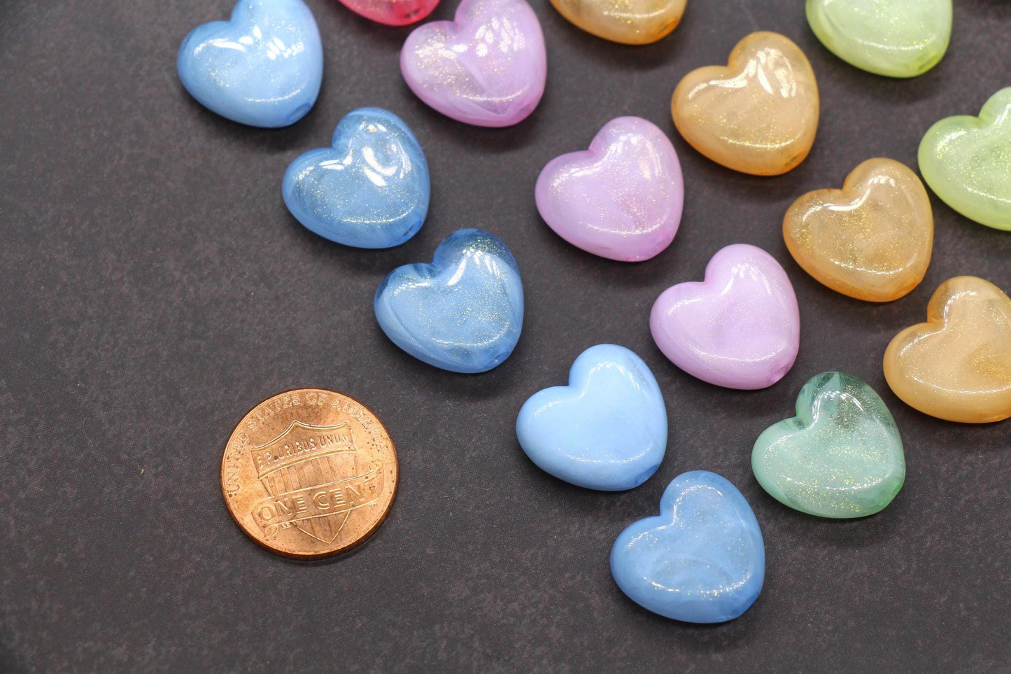 Colorful plastic heart beads with glitter finish – craft bead supplies