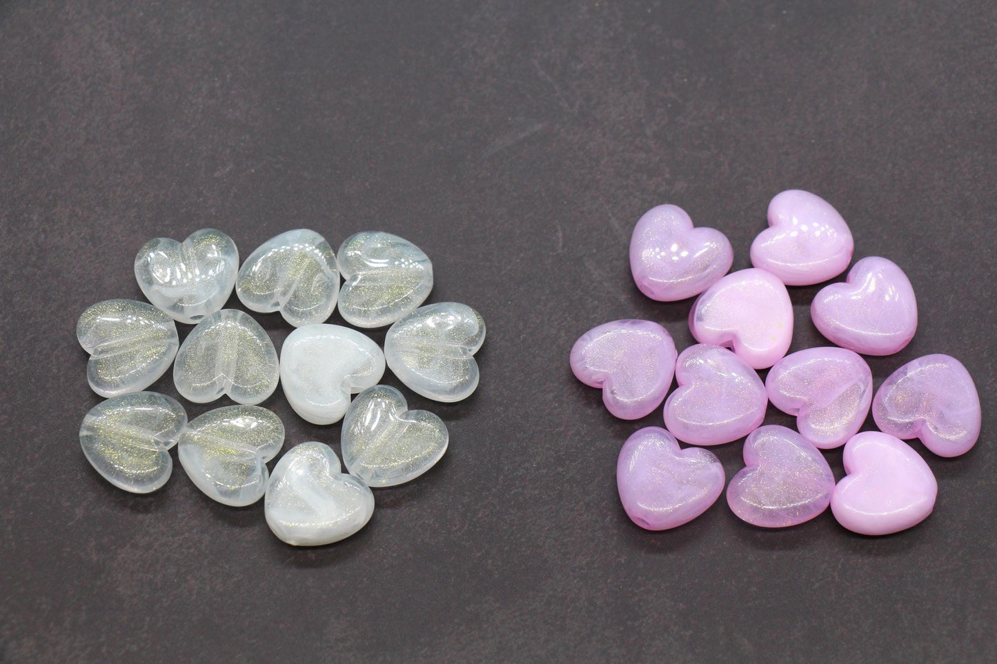 Colorful plastic heart beads with glitter finish – craft bead supplies