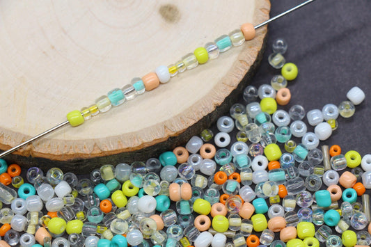 Aqua lime peach white and clear mix 4mm 6/0 round glass seed beads for bracelets, jewelry making, beadwork, keychains, and DIY crafts