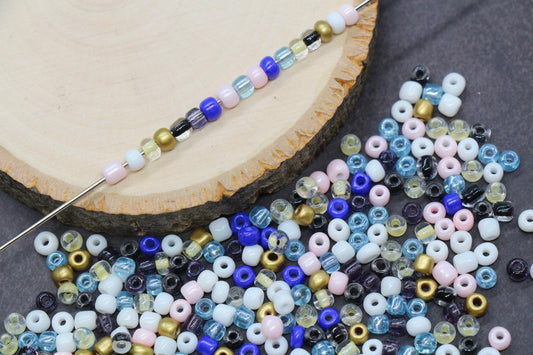 Blue pink gold white and black mix 4mm 6/0 round glass seed beads for bracelets, jewelry making, beadwork, keychains, and DIY crafts