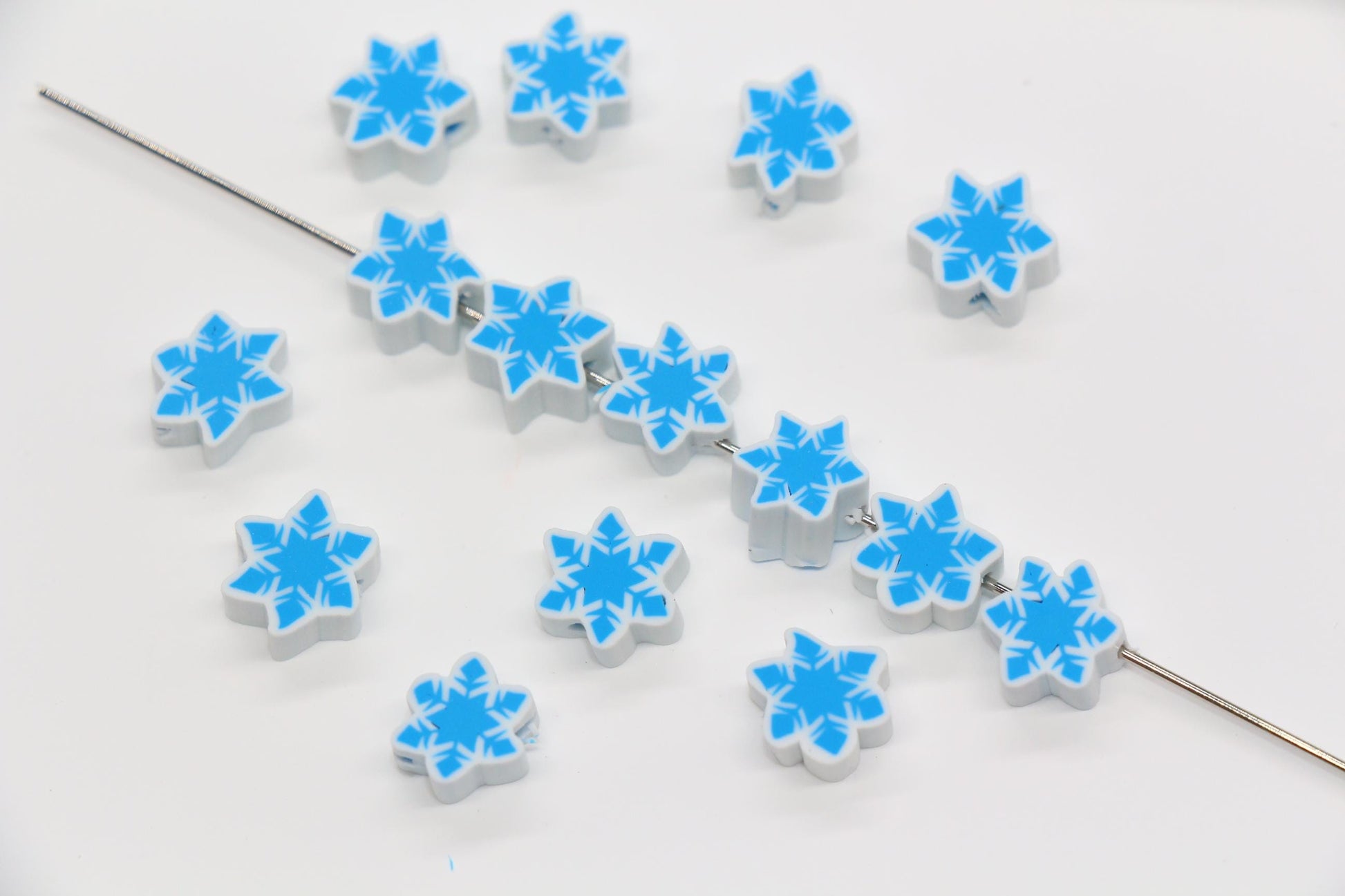 Blue Snowflake Polymer Clay Beads, Winter Snowflake Clay Beads, Snow Themed Jewelry Beads, Handmade Beads for Bracelets #340
