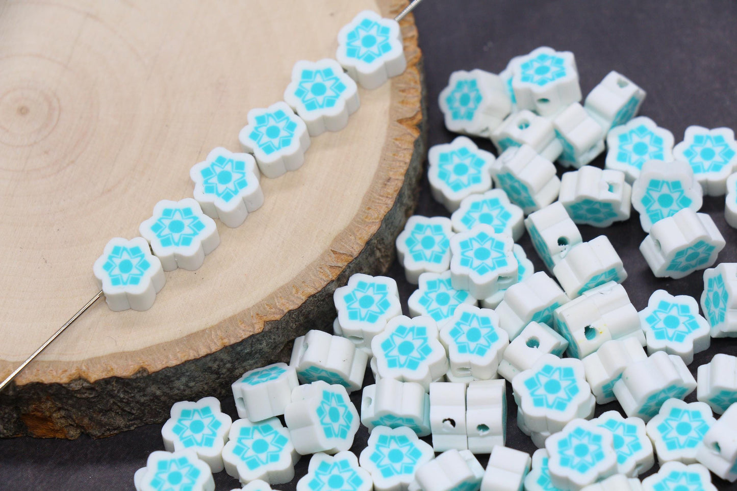 Snowflake Polymer Clay Beads, Winter Snowflake Clay Beads, Snow Themed Jewelry Beads, Handmade Beads for Bracelets #339