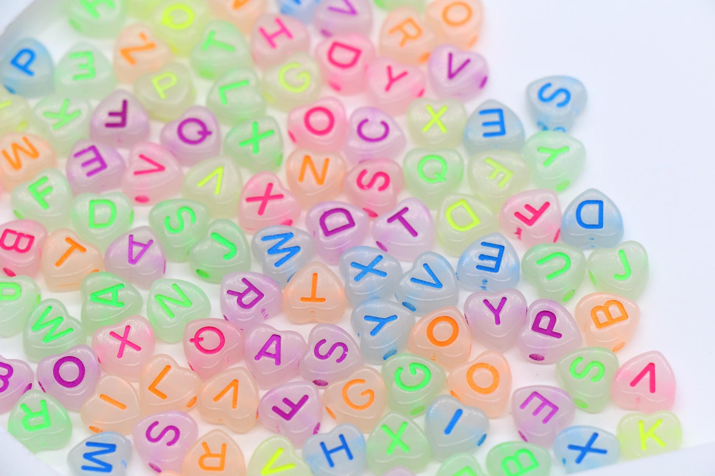 Glow in the Dark Heart Letter Beads – Multicolor Alphabet Beads for Bracelets & Crafts #3856