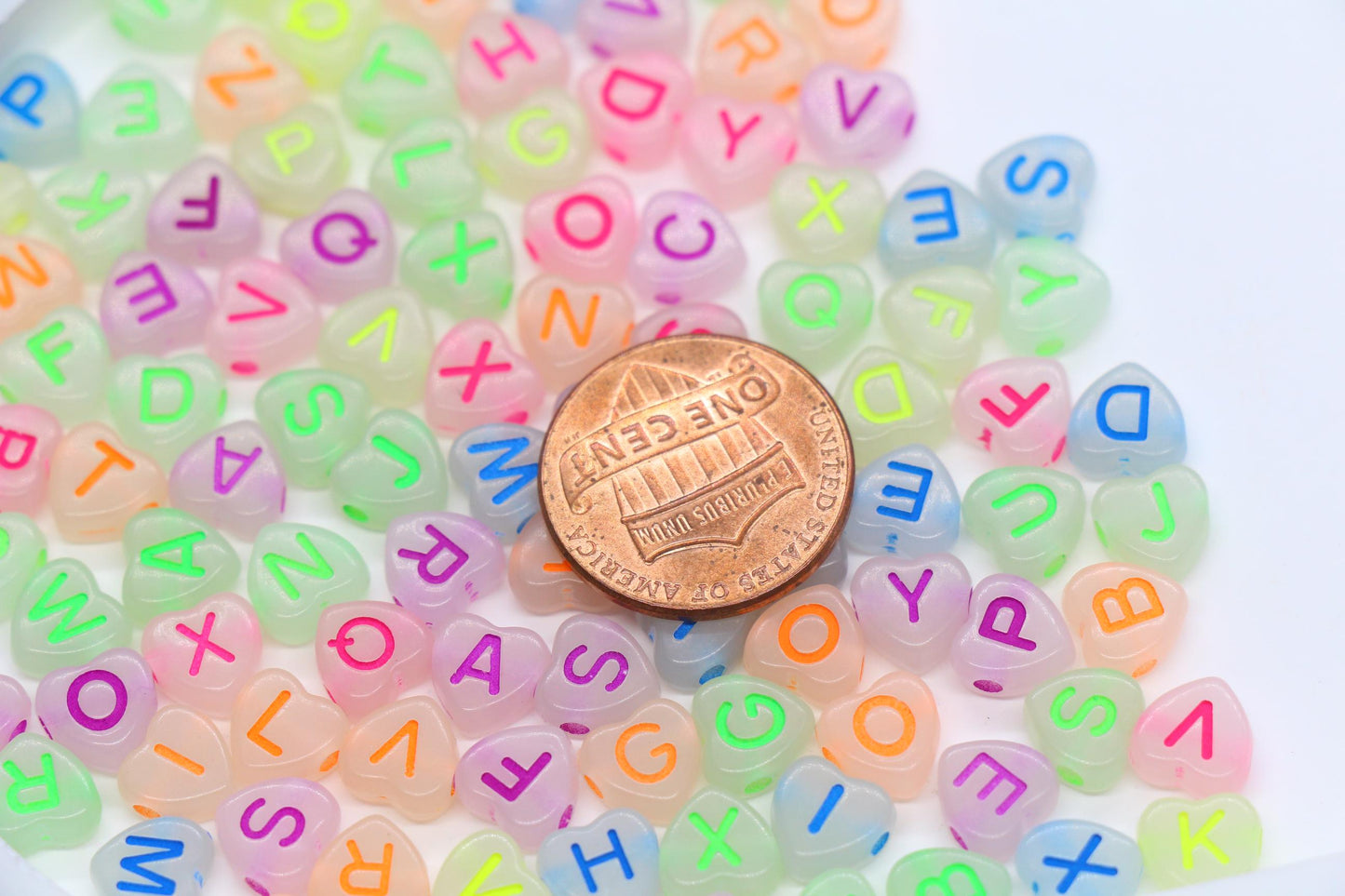 Glow in the Dark Heart Letter Beads – Multicolor Alphabet Beads for Bracelets & Crafts #3856