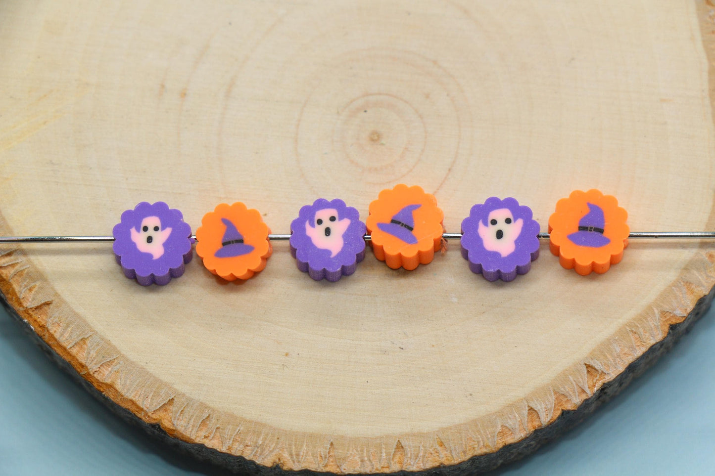 Halloween Polymer Clay Beads, Ghost & Witch Hat Round Beads for Jewelry Making, Halloween Bracelet Supplies, Fall Craft Accessories