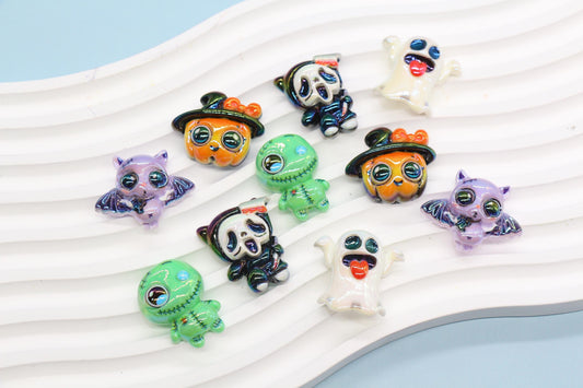 Halloween Flat Back Beads, Iridescent Spooky Characters Mix, Ghost Bat Pumpkin Monster, Acrylic Bubblegum Beads, Halloween Jewelry Supplies