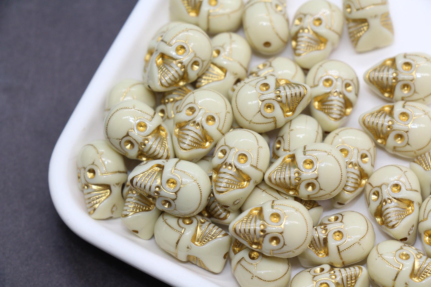 Gold Skull Beads, Ivory Acrylic Skeleton Beads with Metallic Gold Detailing for Halloween Jewelry, Spooky Craft Supplies #3875