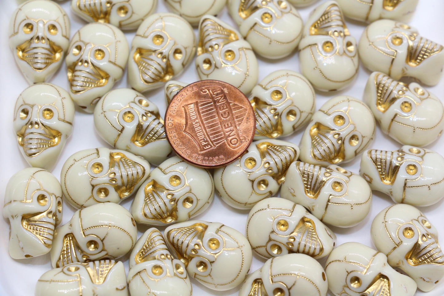 Gold Skull Beads, Ivory Acrylic Skeleton Beads with Metallic Gold Detailing for Halloween Jewelry, Spooky Craft Supplies #3875