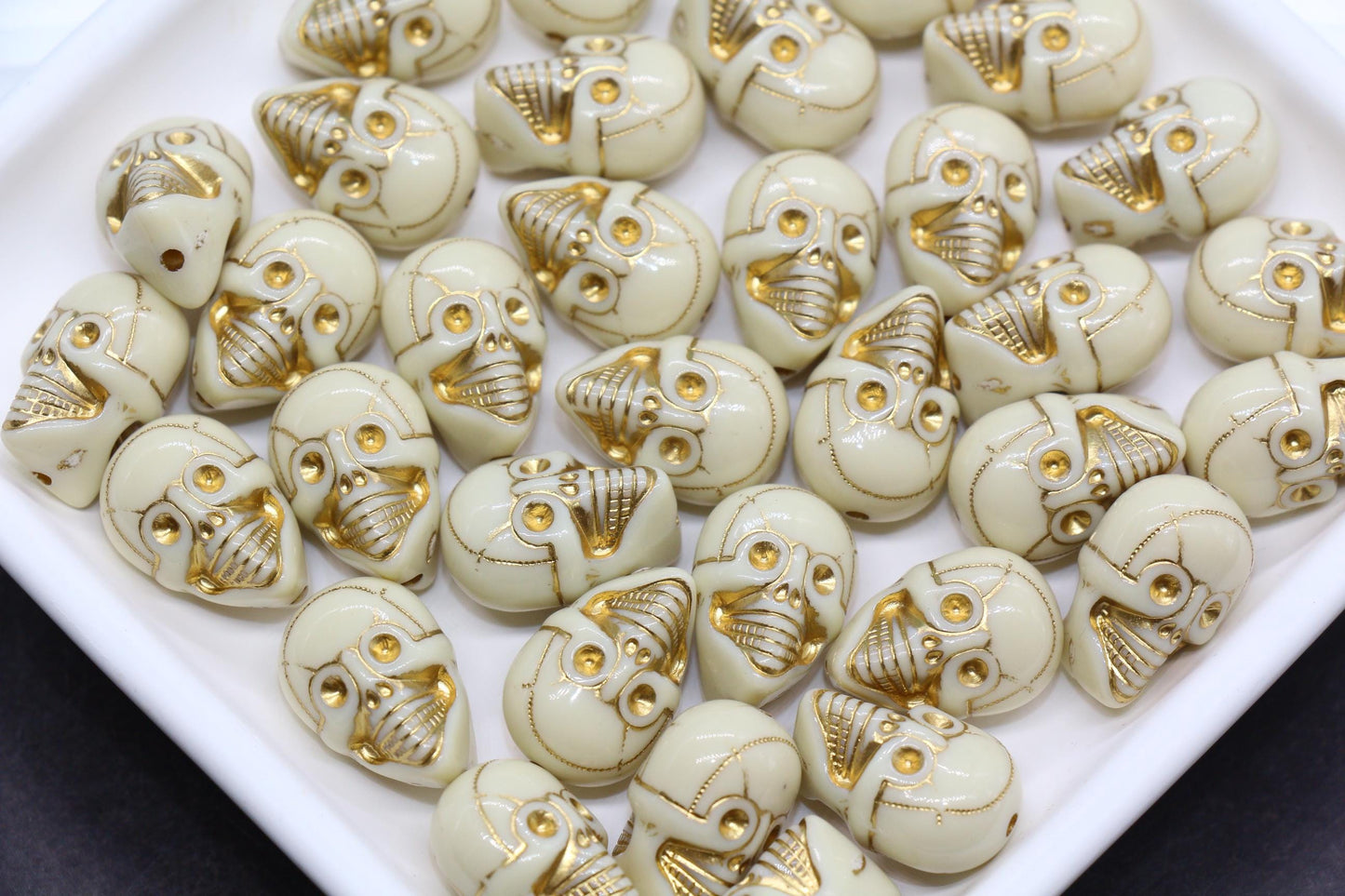 Gold Skull Beads, Ivory Acrylic Skeleton Beads with Metallic Gold Detailing for Halloween Jewelry, Spooky Craft Supplies #3875