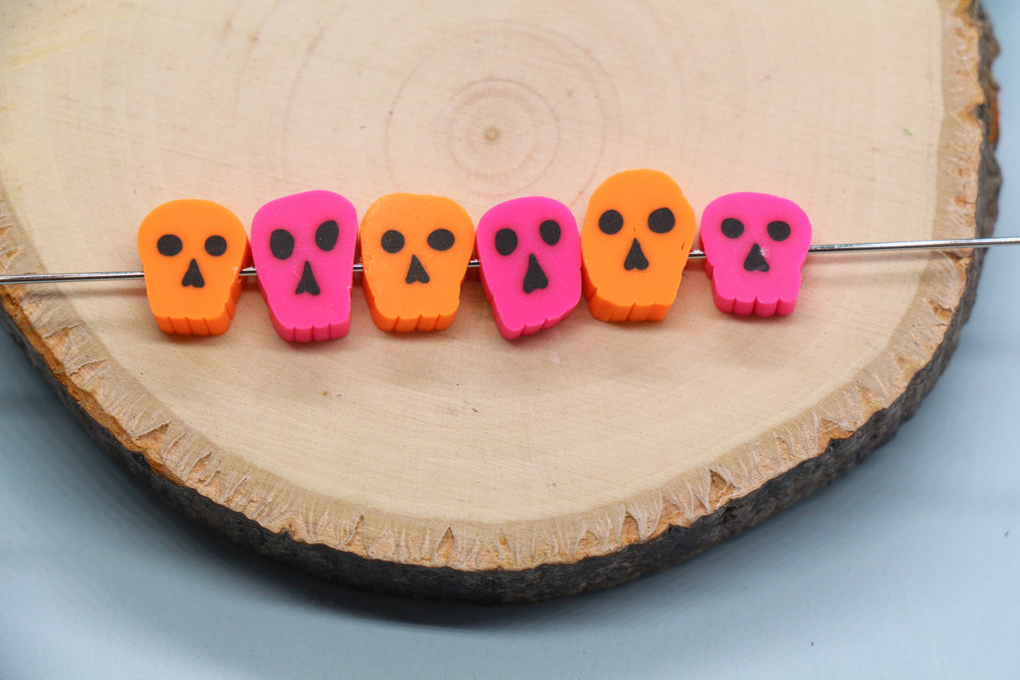 Halloween Skull Polymer Clay Beads, Orange & Pink Skull Beads for Jewelry Making, Day of the Dead Crafts, DIY Halloween Bracelets