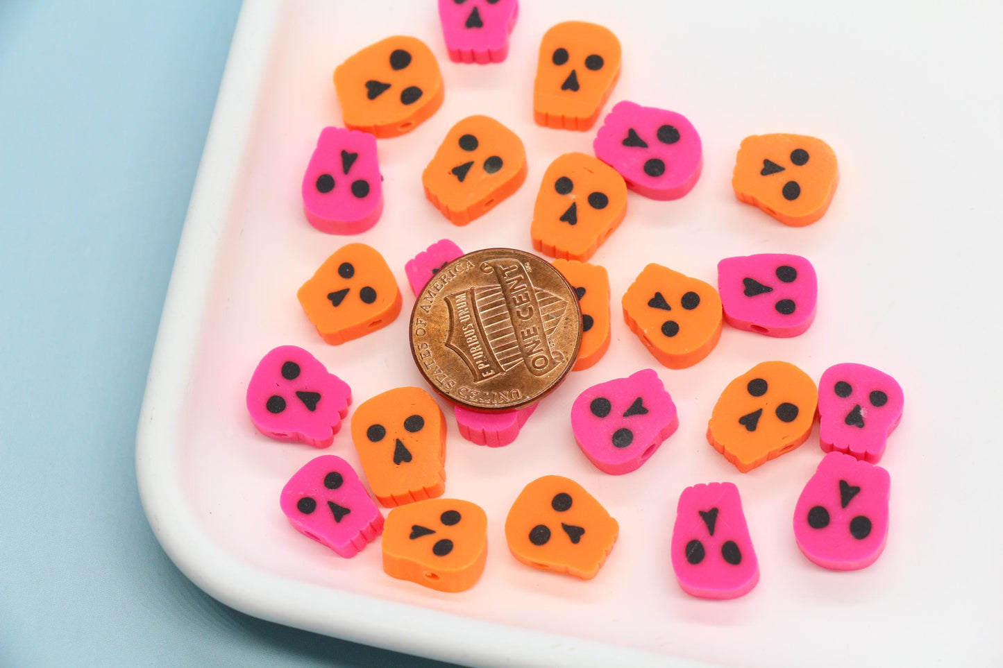 Halloween Skull Polymer Clay Beads, Orange & Pink Skull Beads for Jewelry Making, Day of the Dead Crafts, DIY Halloween Bracelets
