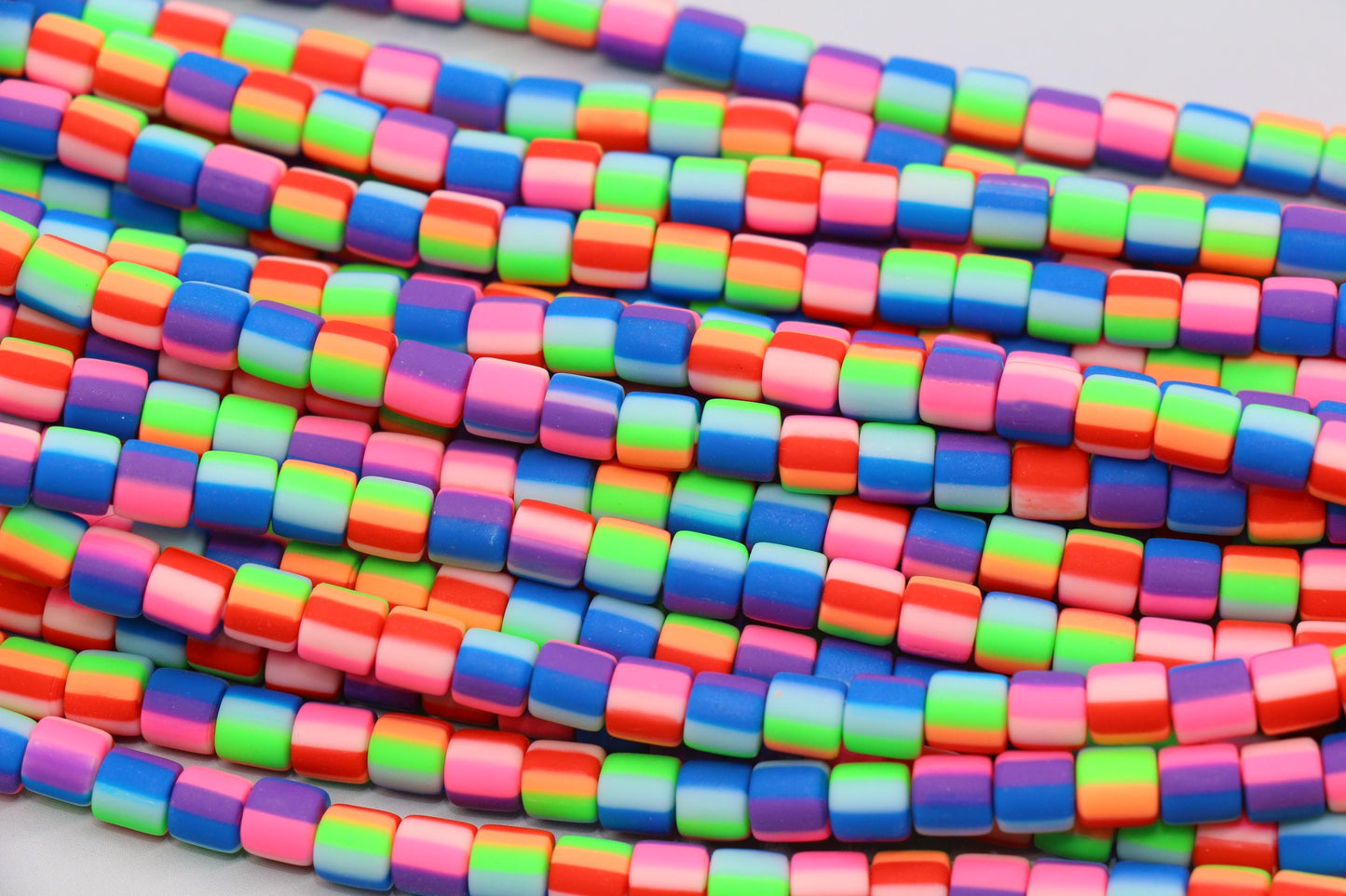 6mm Wide Column Chunky Polymer Clay Beads, Rainbow Striped Heishi Spacer Beads, Clay Tube Beads, Barrel Beads Heishi Beads #850