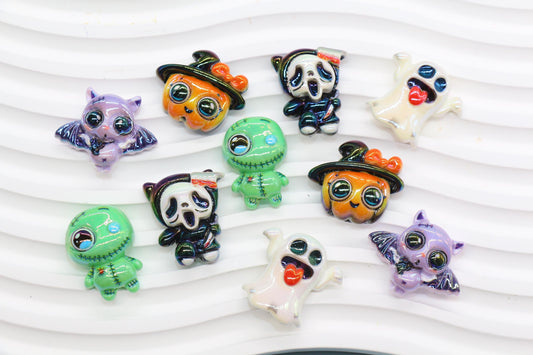 Halloween Flat Back Beads, Iridescent Spooky Characters Mix, Ghost Bat Pumpkin Monster, Acrylic Bubblegum Beads, Halloween Jewelry Supplies