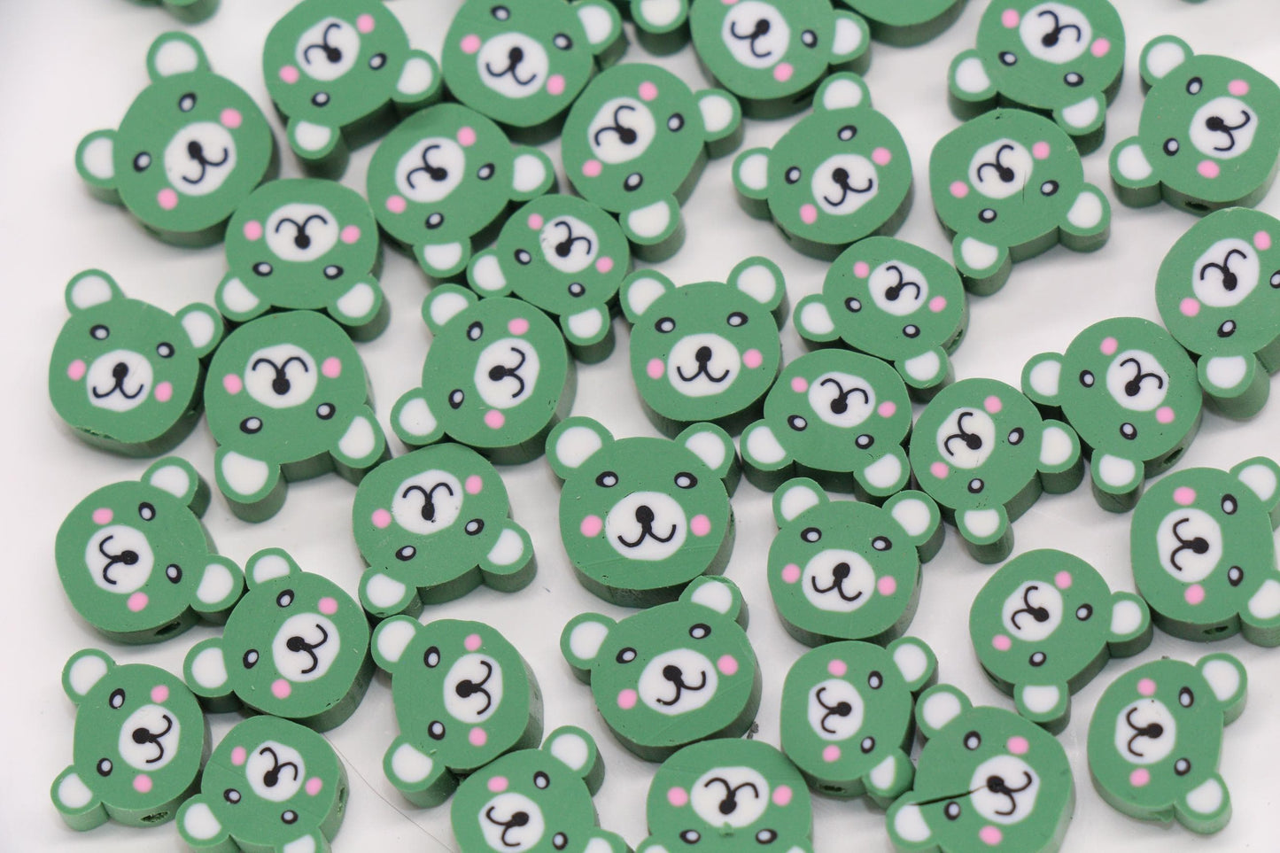 Green Bear Beads for Bracelets, Cute Animal Face Polymer Clay Beads, Kawaii Bear Beads for Jewelry Making, DIY Bracelet Supplies #404