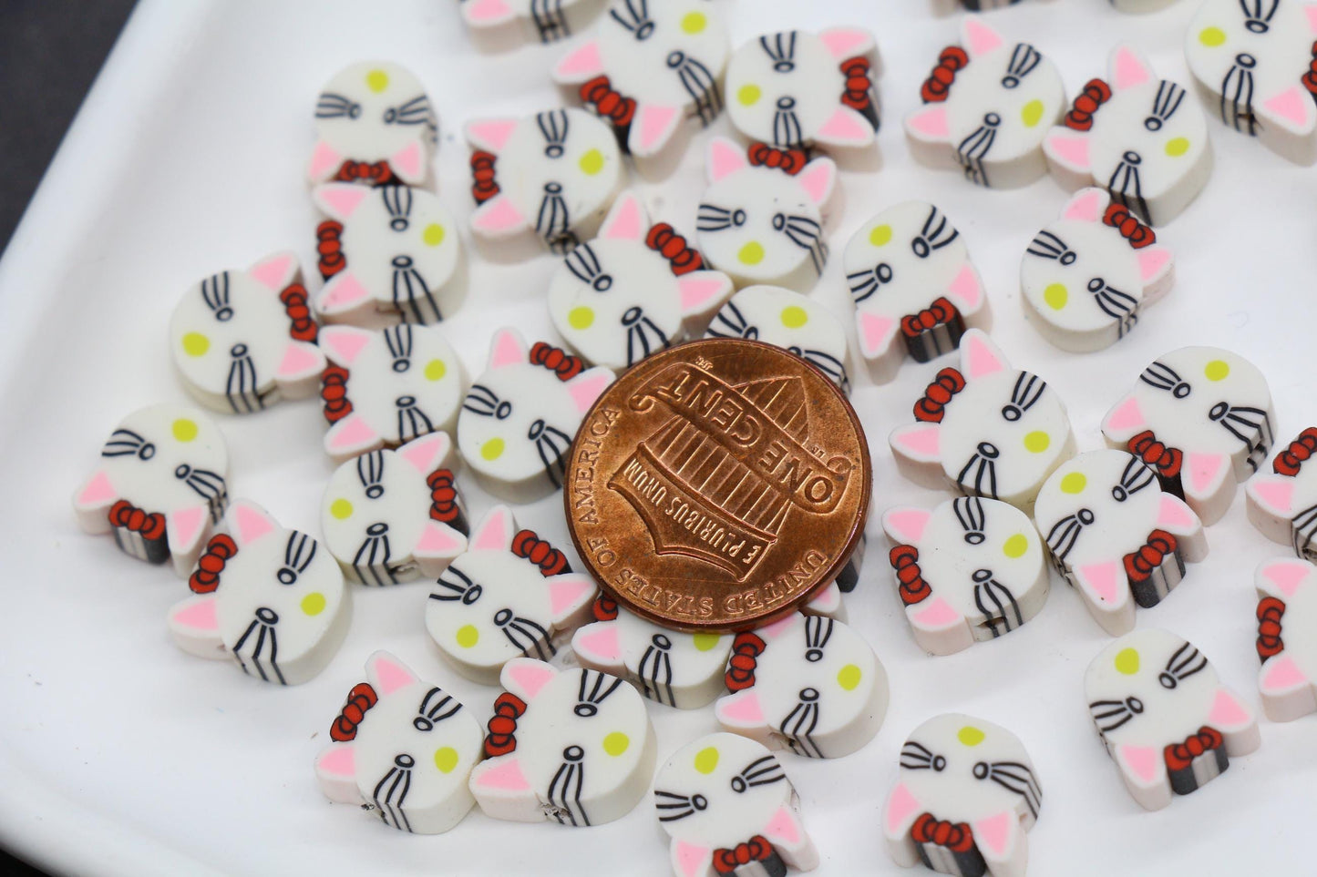 Cat Beads for Bracelets, White Kitty Polymer Clay Beads with Bow, Cute Animal Face Beads for Jewelry Making, DIY Craft Supplies#199