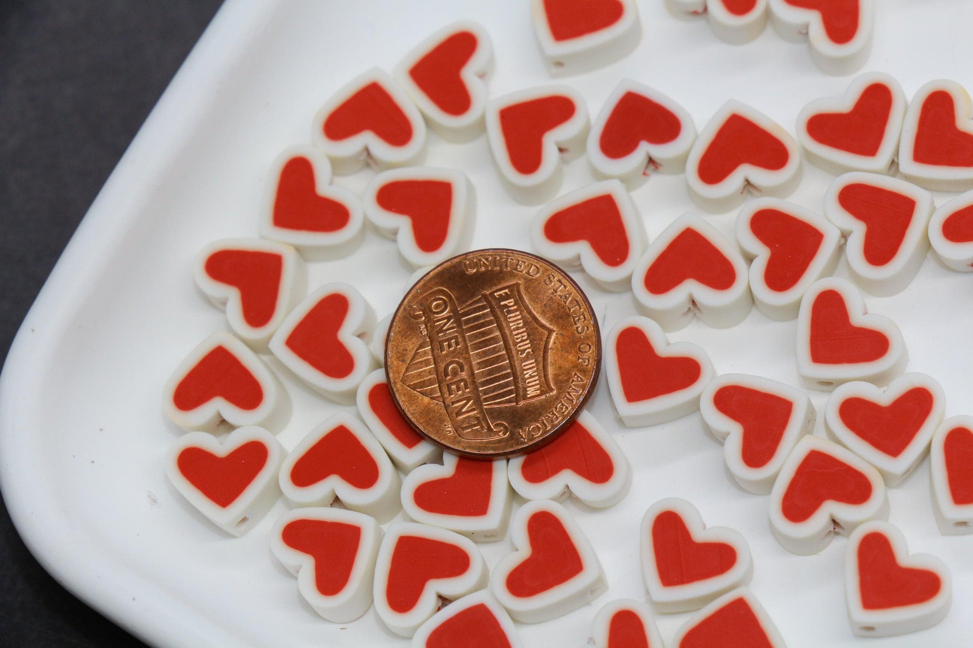 Red Heart Polymer Clay Beads – White Edge Heart Beads for Bracelets, Cute Love Beads, Valentine Beads for Jewelry Making #1022